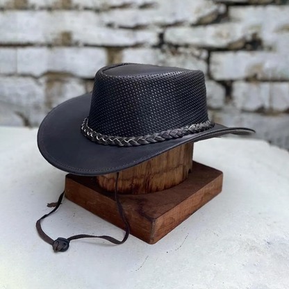 Australian Leather Western Cowboy Outback Hat Perforated Breathable Unisex Brown