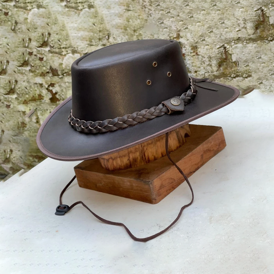 Australian Men's Vintage Western Style Full Grain Genuine Real Leather Cowboy Outback Hat Brown