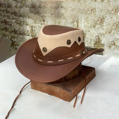 Australian Western Outback Two Toned Tan Vintage Leather Cowboy Bush Hat Handmade