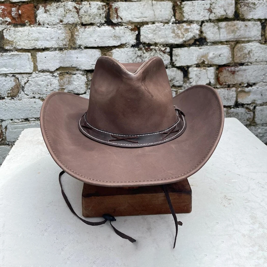 Australian Western Texan Outback Unisex Cowboy Brown Leather Hat With Wide Adjustable Brim