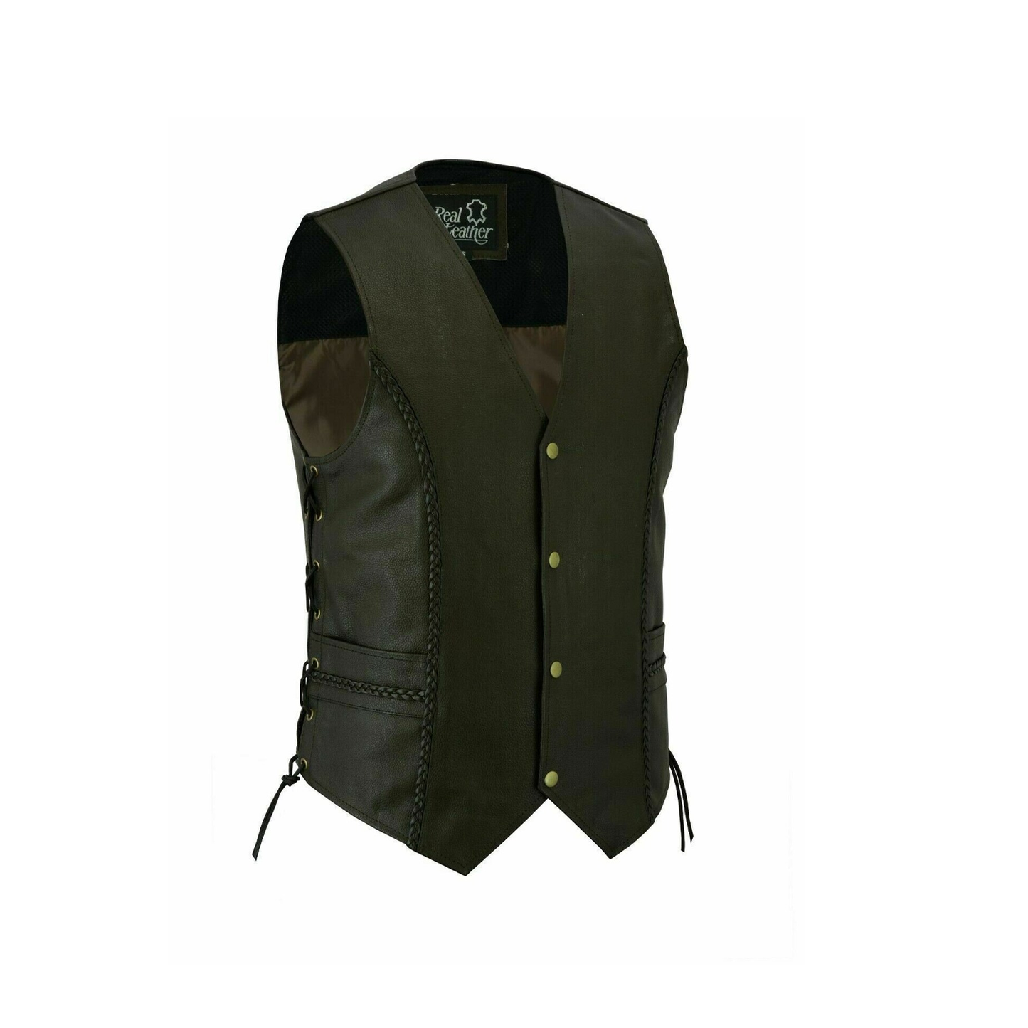 Men's Brown Leather Western Genuine Classic Biker Vest Waistcoat With Side Laces