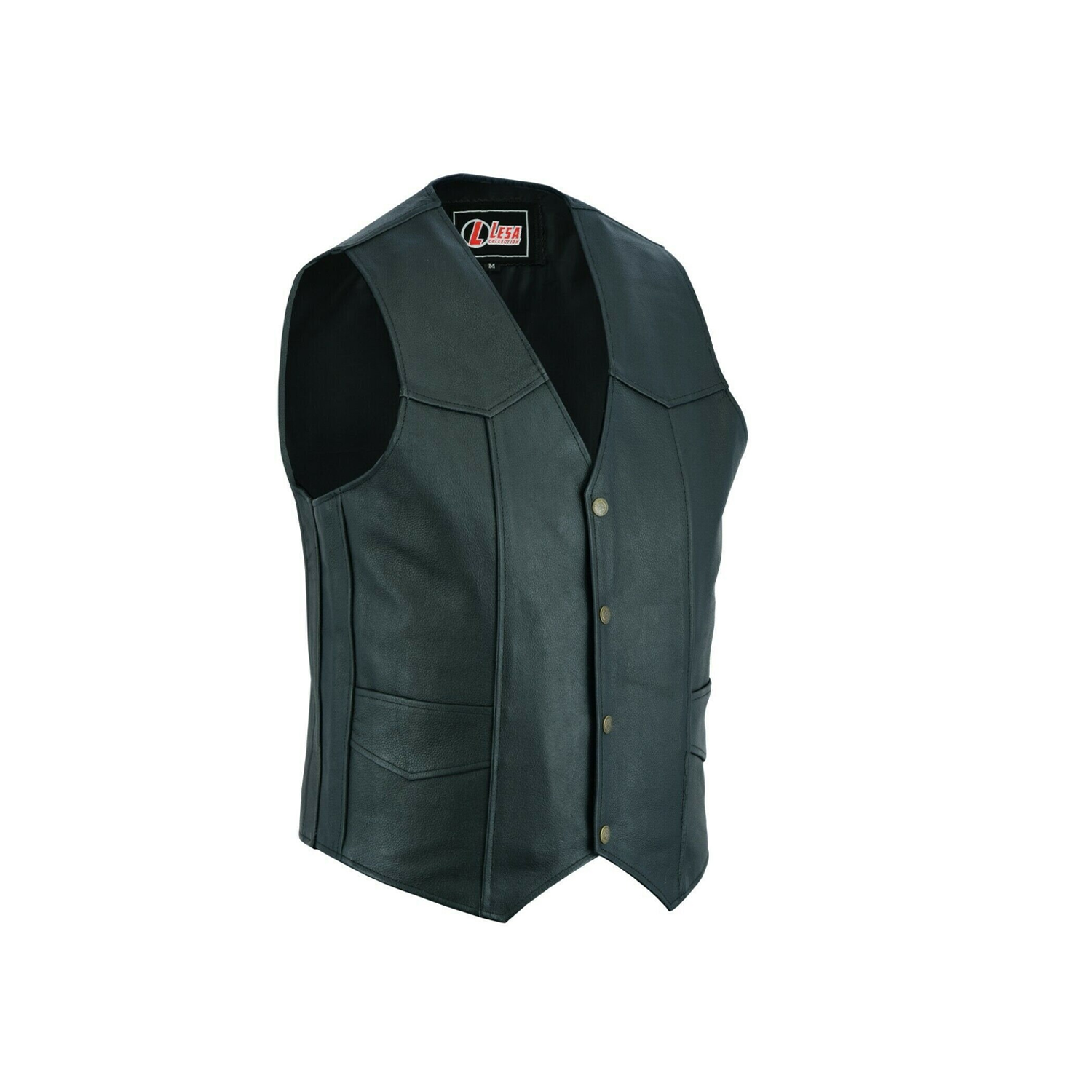 Men's Genuine Leather Motorcycle Biker Style Black Waistcoat/Vest Buffalo buttons