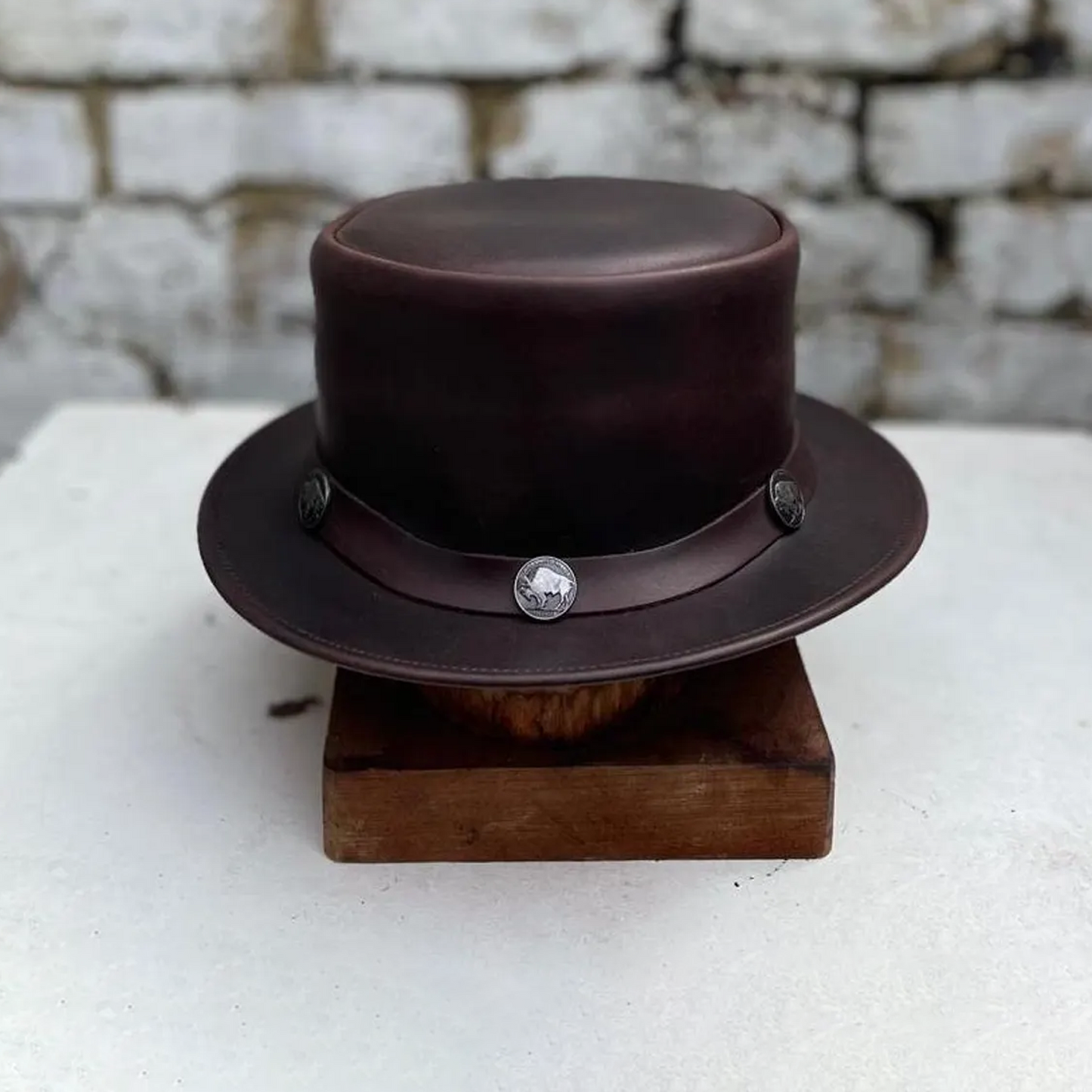 Men's Leather Retro Steam Punk Top Hat Fancy Dress Victorian Style Rocker Hat Brown