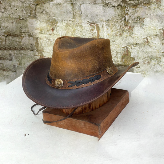 Men's Real Leather Australian Western Cowboy Style Tan Crazy Horse Bush Hats Unisex