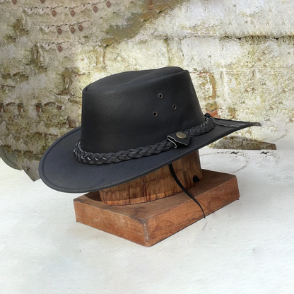 Men's Real Leather Cowboy Outback Hat Black Unisex Australian Western Style