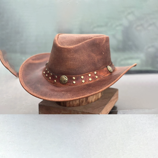 Men's Vintage Real Leather Australian Western Style Cowboy Outback Hat Wide Shapeable Brim