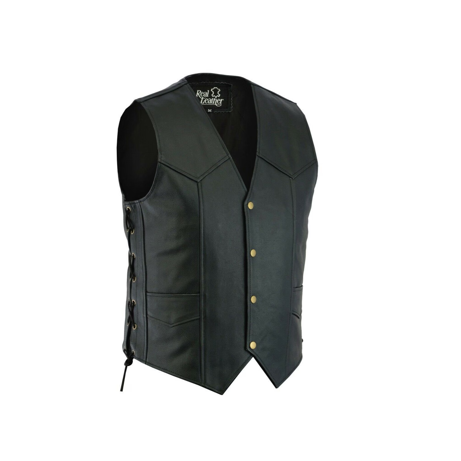 Mens Black Leather Motorcycle Vest For Bikers Braided Waistcoat With Side Laces