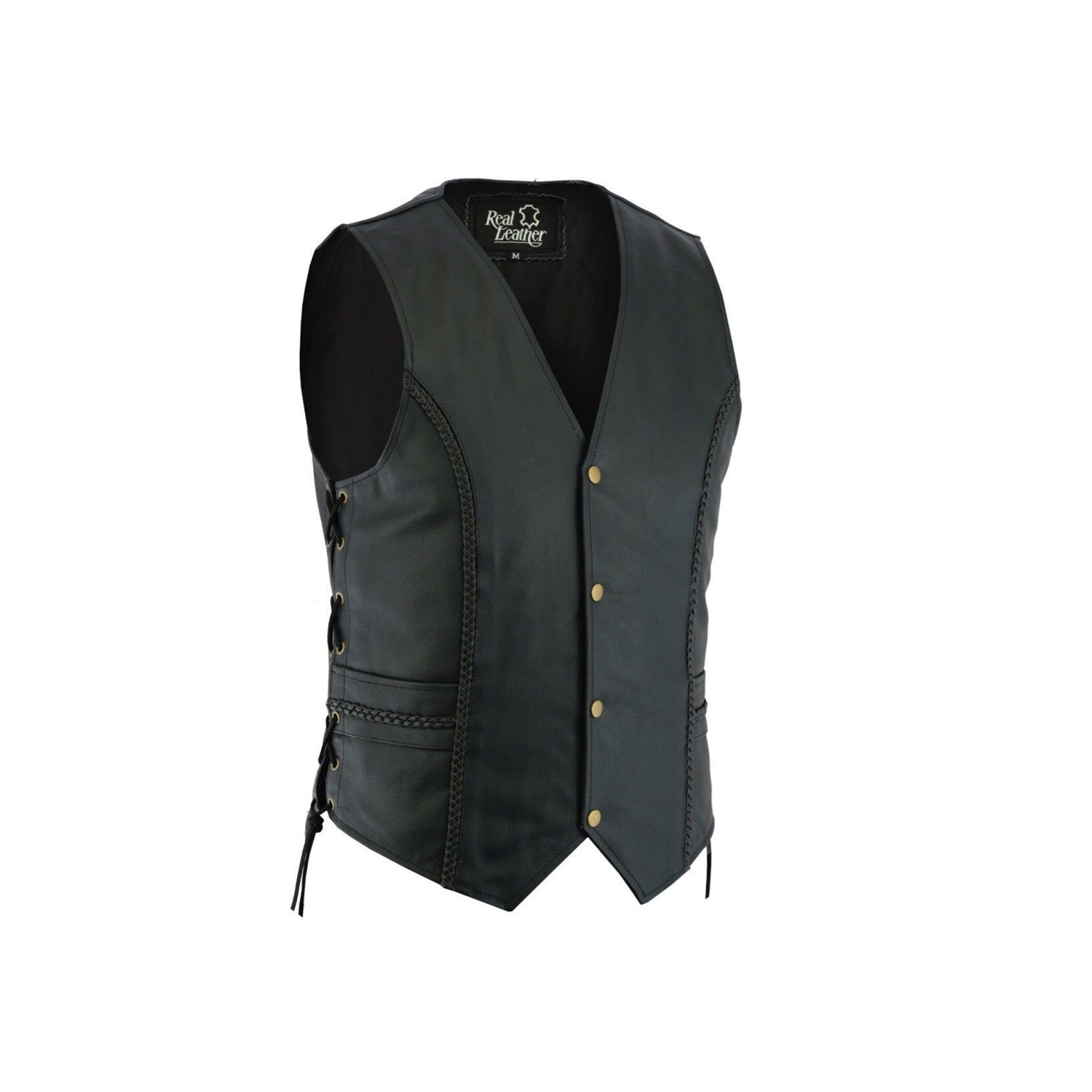 Mens Real Genuine Leather Biker Braided Vest Waistcoat With Side Laces