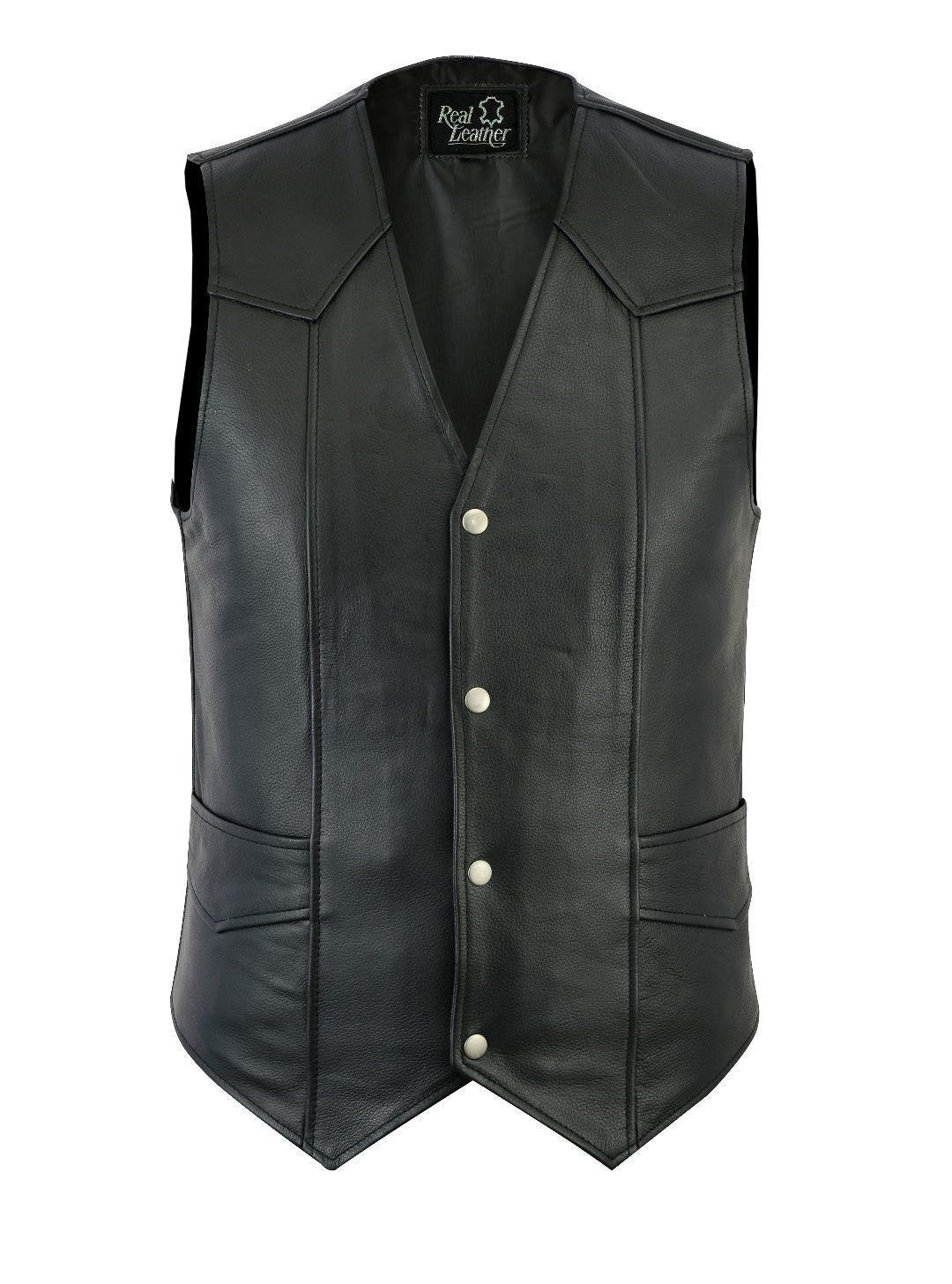 Mens Genuine Black Leather Classic Motorcycle Biker Style Waistcoat Vest Plain