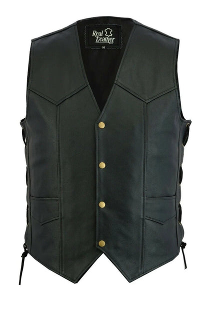 Mens Black Leather Motorcycle Vest For Bikers Braided Waistcoat With Side Laces