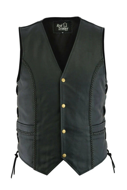 Mens Real Genuine Leather Biker Braided Vest Waistcoat With Side Laces