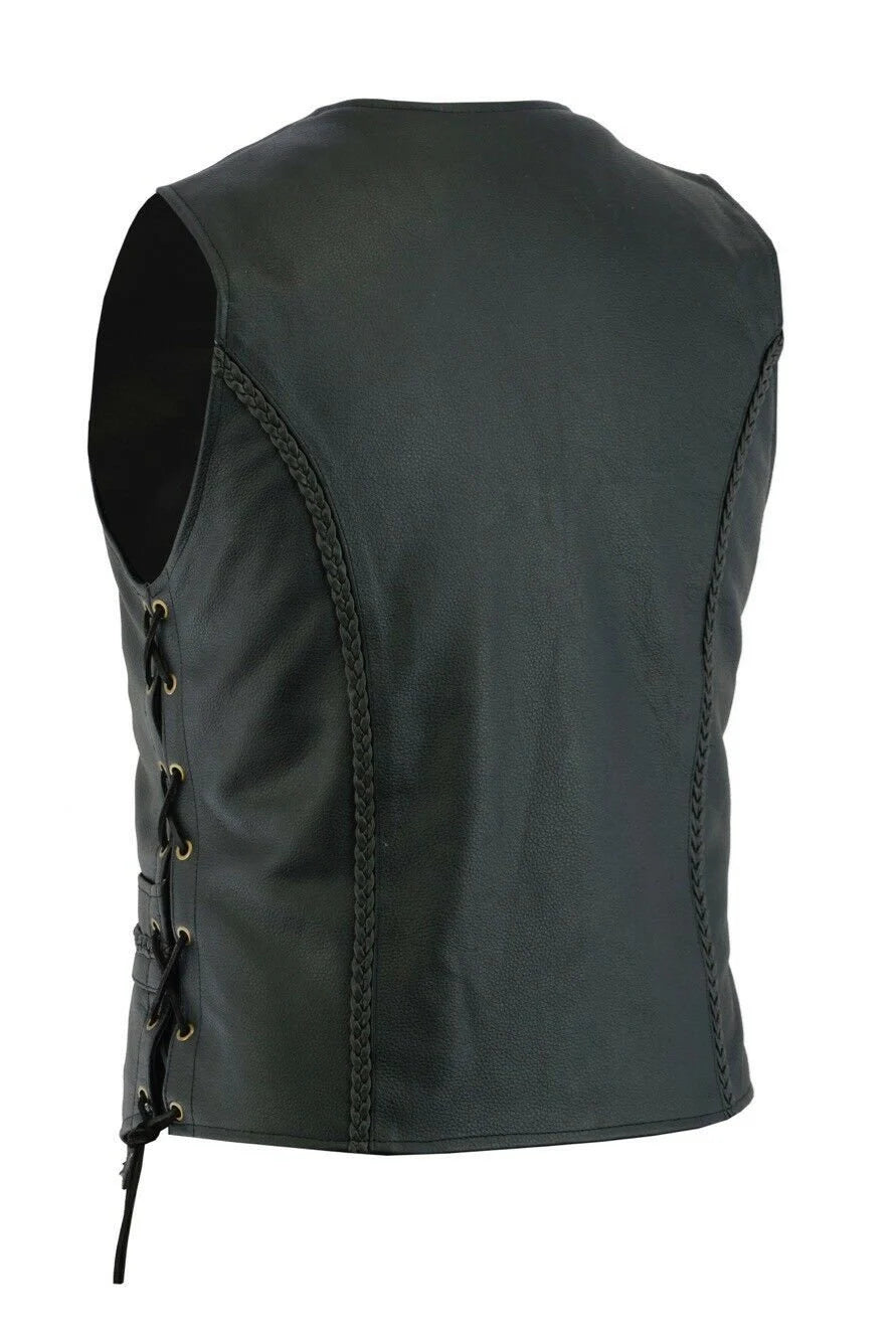 Mens Real Genuine Leather Biker Braided Vest Waistcoat With Side Laces