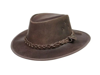 Australian Men's Vintage Western Style Full Grain Genuine Real Leather Cowboy Outback Hat Brown