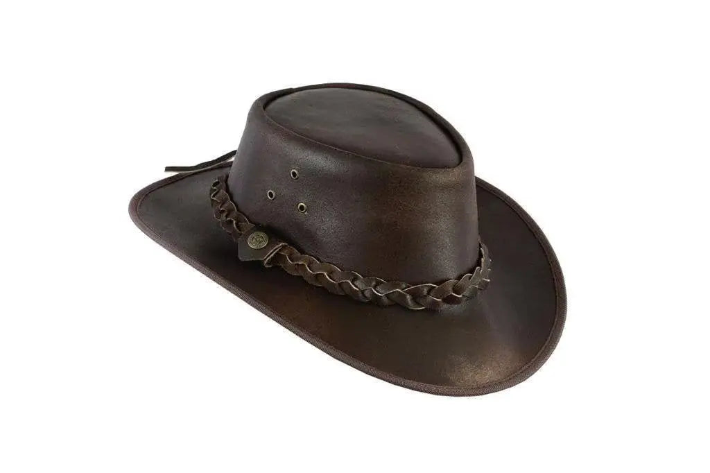 Australian Men's Vintage Western Style Full Grain Genuine Real Leather Cowboy Outback Hat Brown