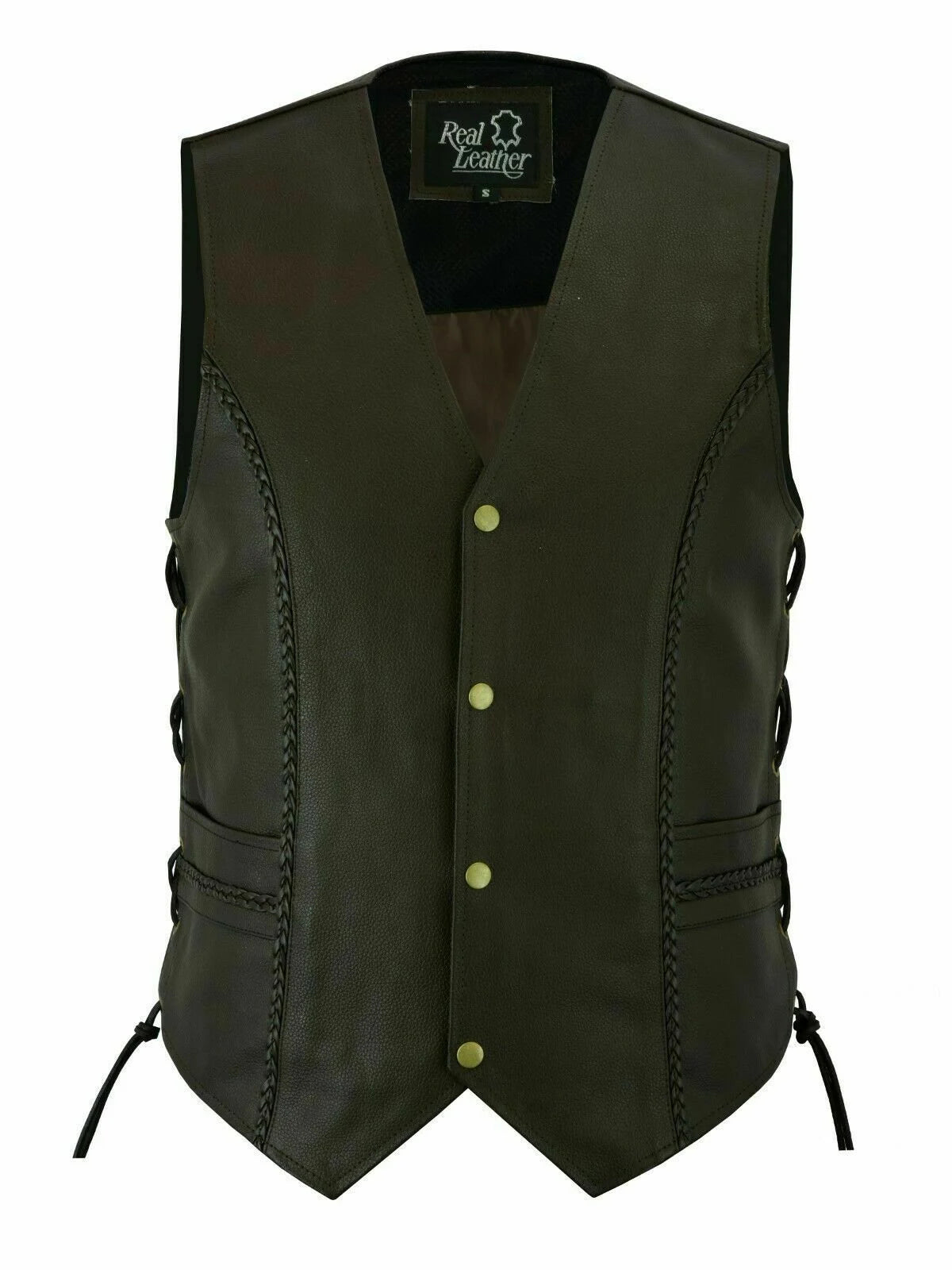 Men's Brown Leather Western Genuine Classic Biker Vest Waistcoat With Side Laces