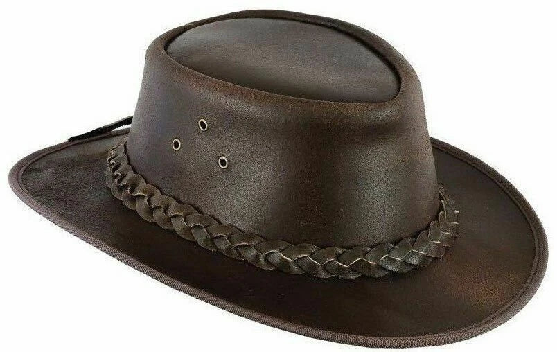 Australian Men's Vintage Western Style Full Grain Genuine Real Leather Cowboy Outback Hat Brown