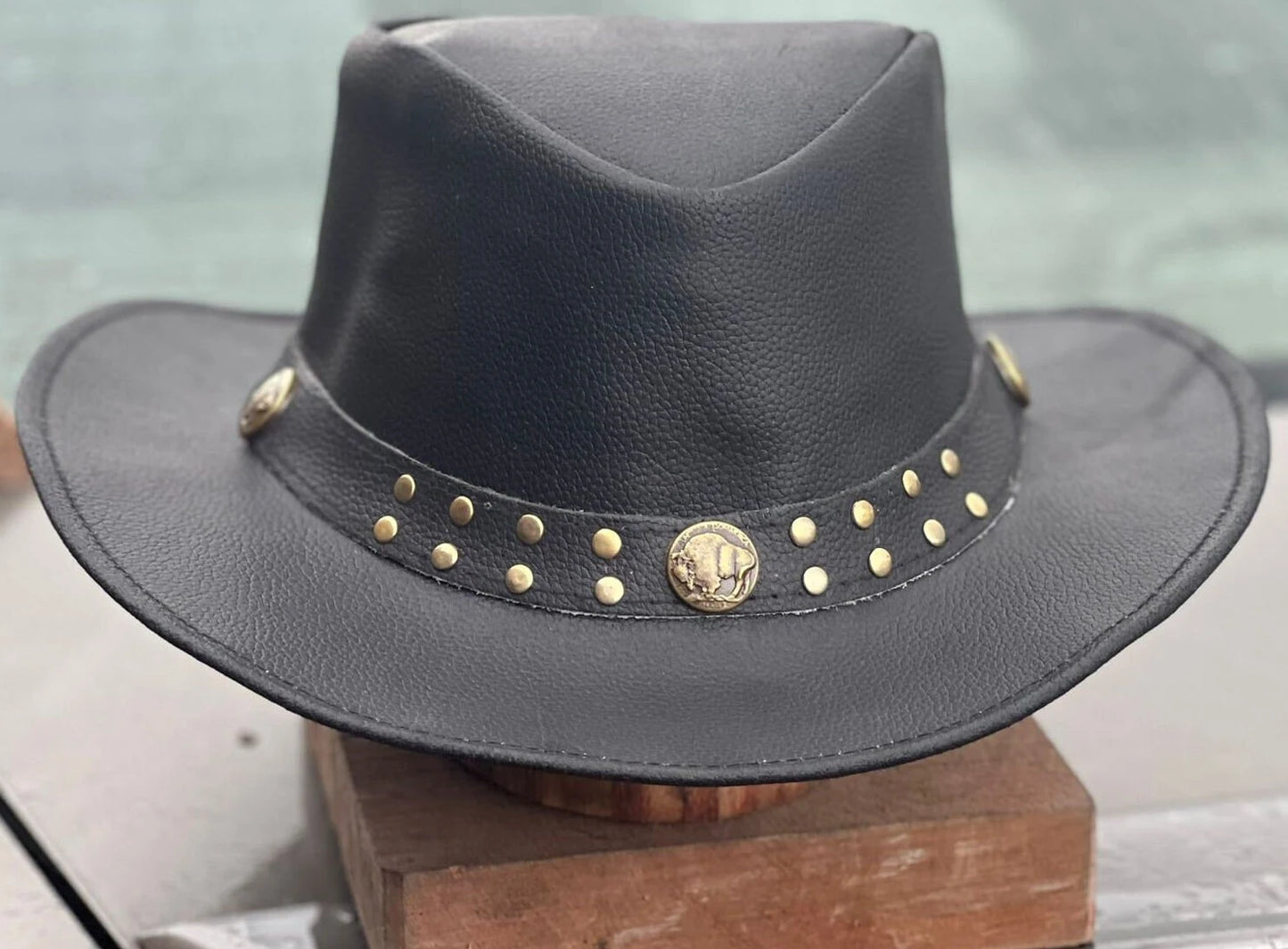 Men's Aussie Black Cowboy Outback Leather Western Buffalo Coin Hat