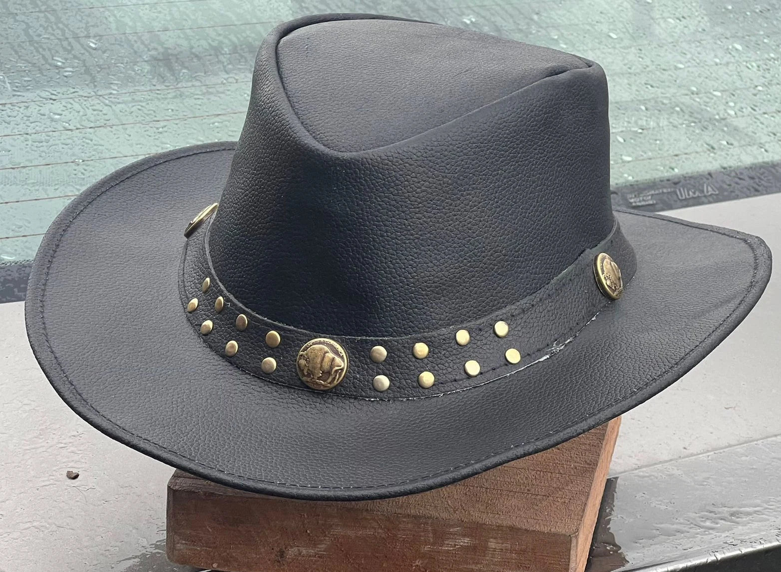 Men's Aussie Black Cowboy Outback Leather Western Buffalo Coin Hat