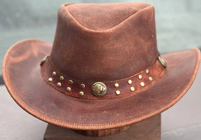 Men's Vintage Real Leather Australian Western Style Cowboy Outback Hat Wide Shapeable Brim