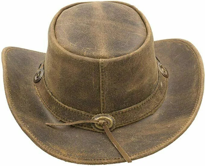 Men's Real Leather Australian Western Cowboy Style Tan Crazy Horse Bush Hats Unisex