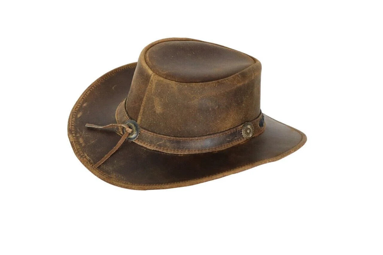 Men's Real Leather Australian Western Cowboy Style Tan Crazy Horse Bush Hats Unisex