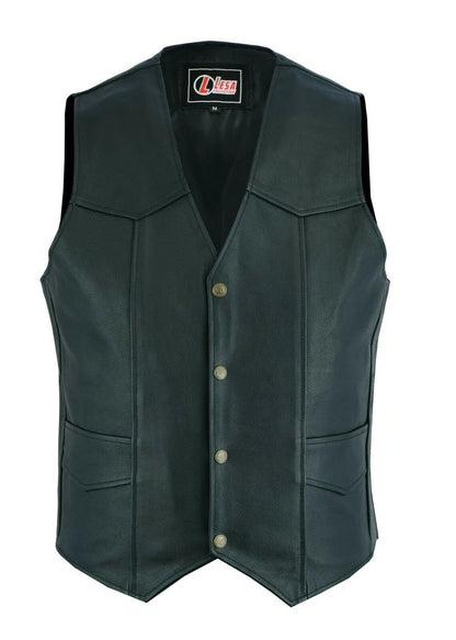 Men's Genuine Leather Motorcycle Biker Style Black Waistcoat/Vest Buffalo buttons