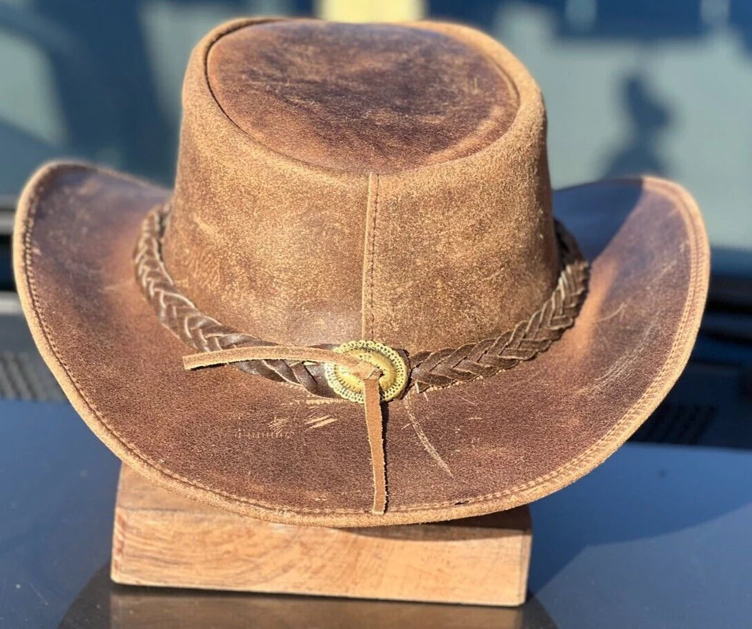 Men's Real Leather Western Crazy Vintage Antique Cowboy Tan Hats Unisex