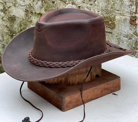 Men's Real Leather Braided Western Aussie Cowboy Crazy Hat Vintage Color