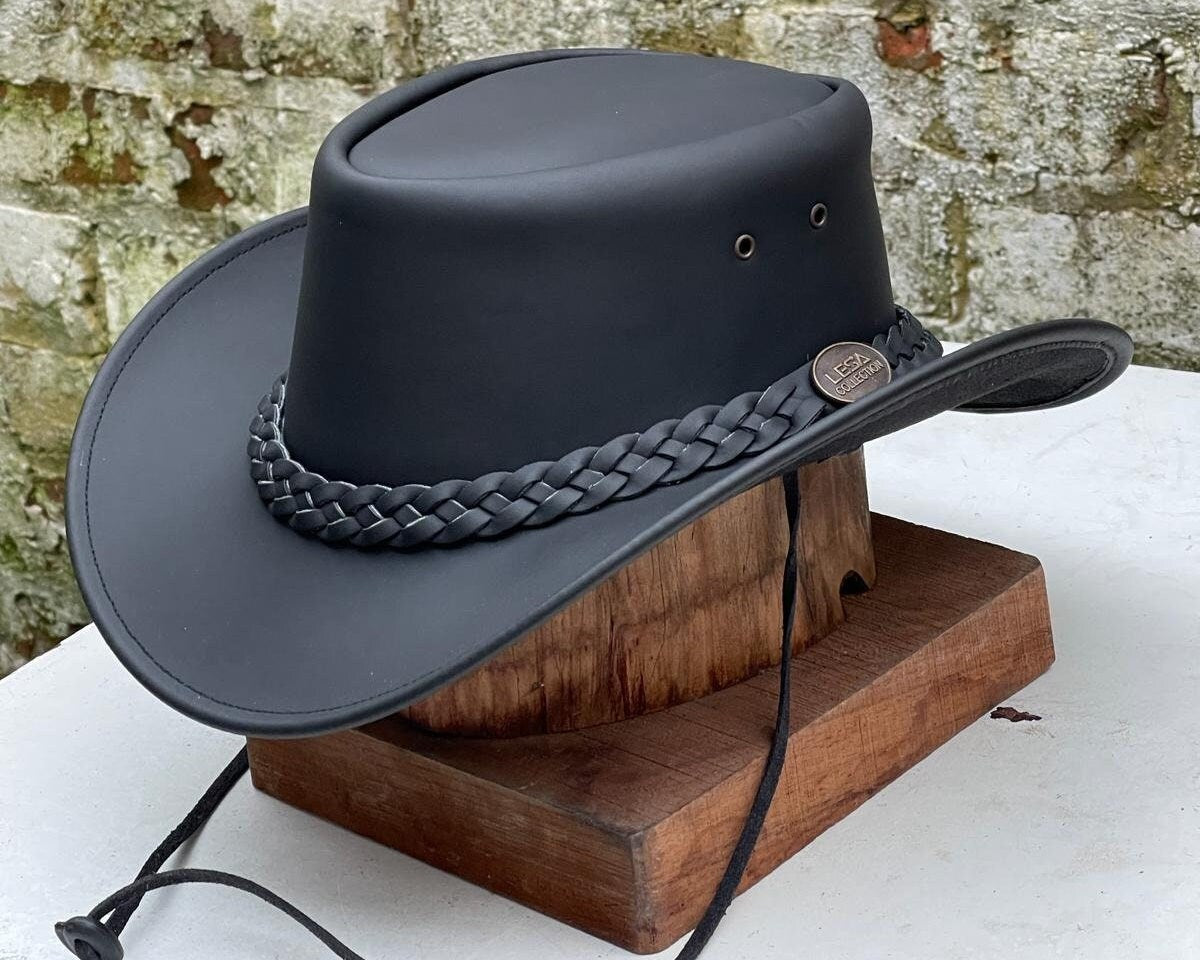 Cowboy Aussie Echt Leer Australische Western Outback Bush Hoed, Zwart 2, XXL Cowboy Aussie Echt Leer Australische Western Outback Bush Hoed, Zwart 2, XXL