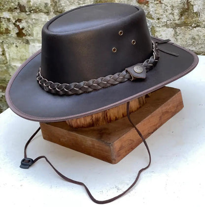 Australian Men's Vintage Western Style Full Grain Genuine Real Leather Cowboy Outback Hat Brown