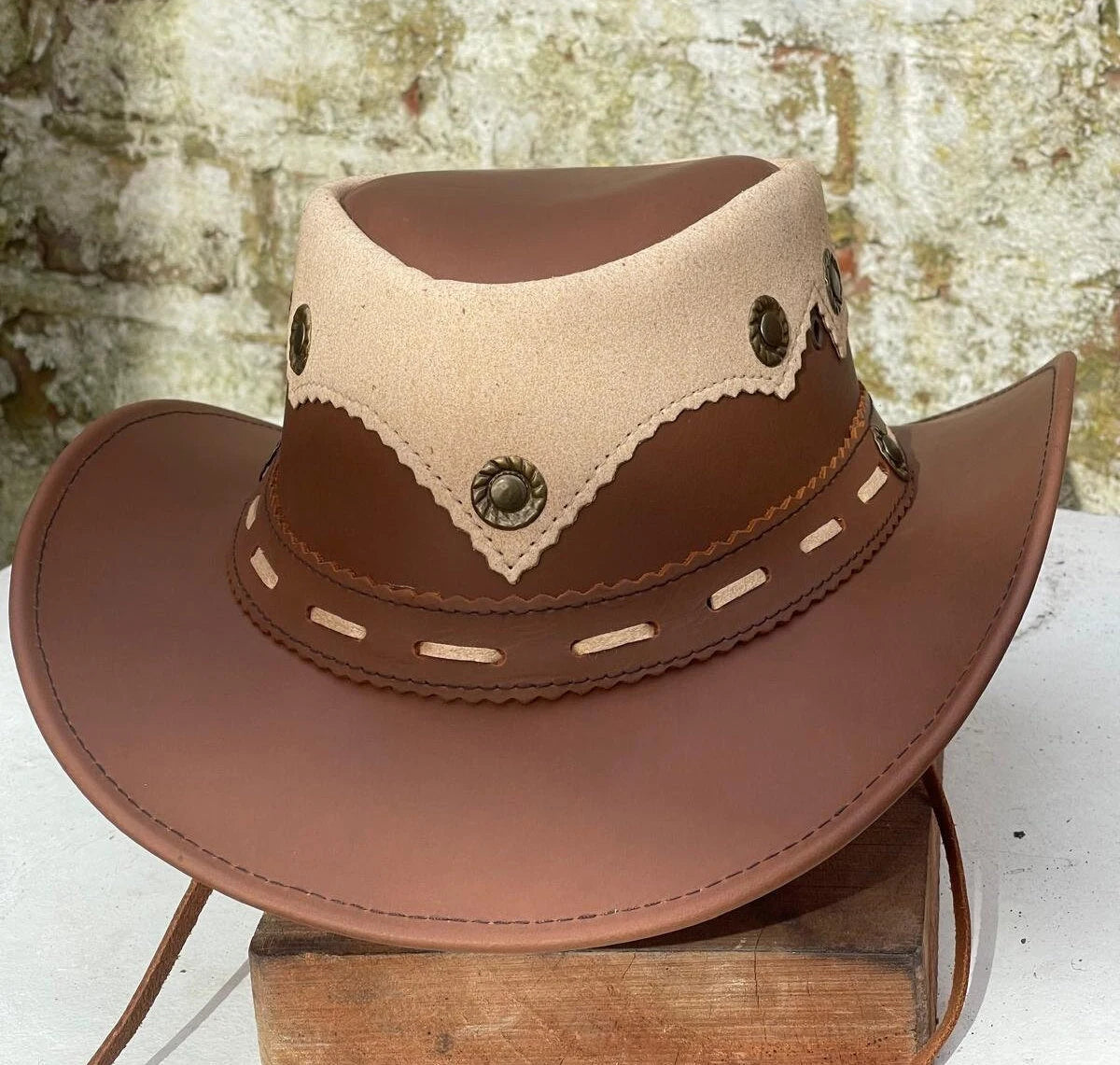 Australian Western Outback Two Toned Tan Vintage Leather Cowboy Bush Hat Handmade