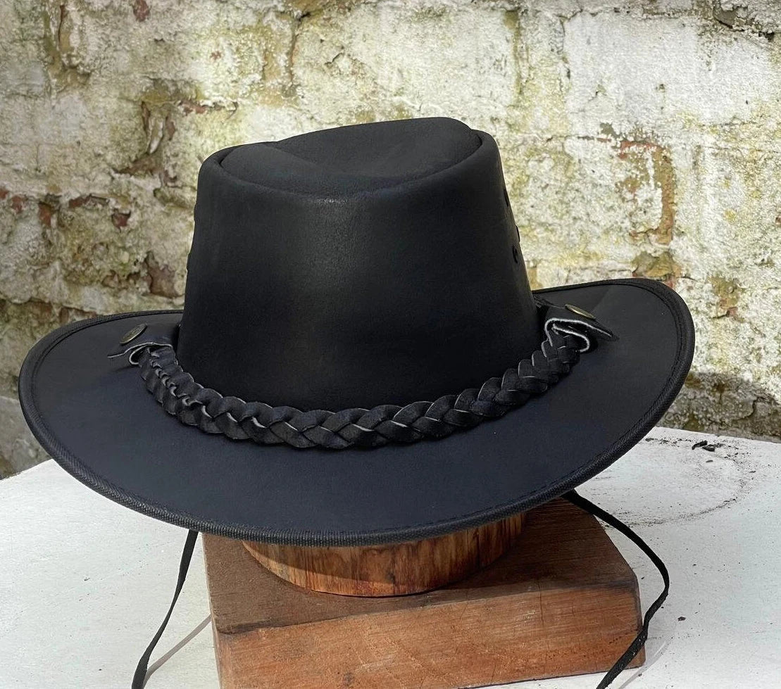 Men's Real Leather Cowboy Outback Hat Black Unisex Australian Western Style