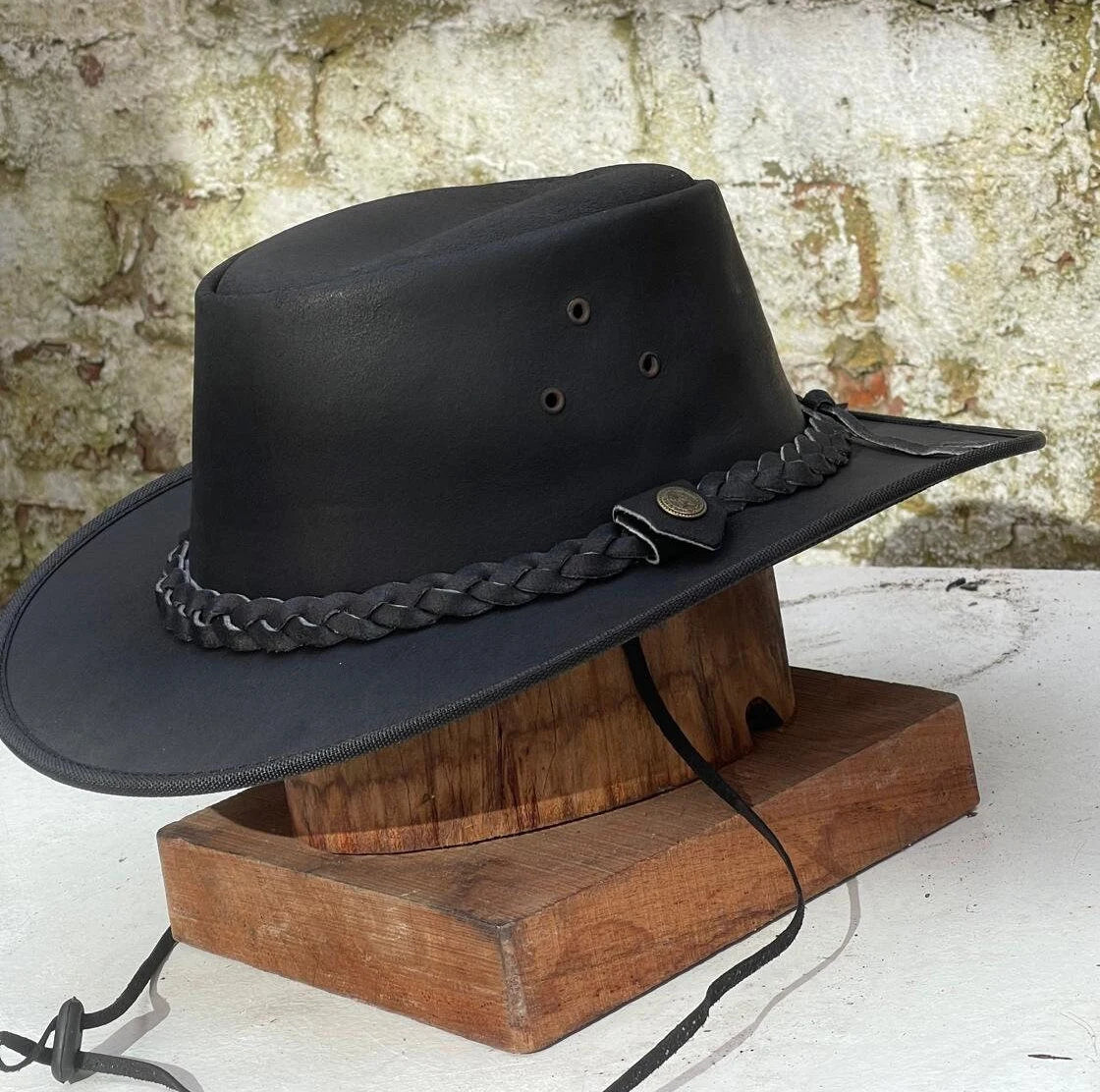 Men's Real Leather Cowboy Outback Hat Black Unisex Australian Western Style