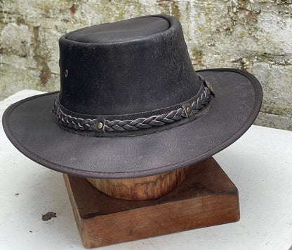 Australian Western Foldable Distressed Outback Cowboy Leather Style Bush Hat