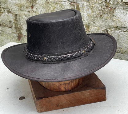 Australian Western Foldable Distressed Outback Cowboy Leather Style Bush Hat