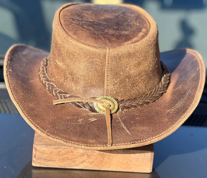 Kid's Childrens Party Genuine Real Crazy Leather Western Antique Cowboy Tan Hat