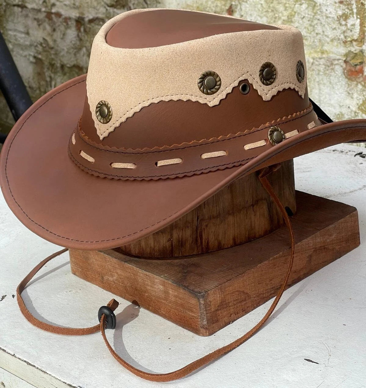 Australian Western Outback Two Toned Tan Vintage Leather Cowboy Bush Hat Handmade