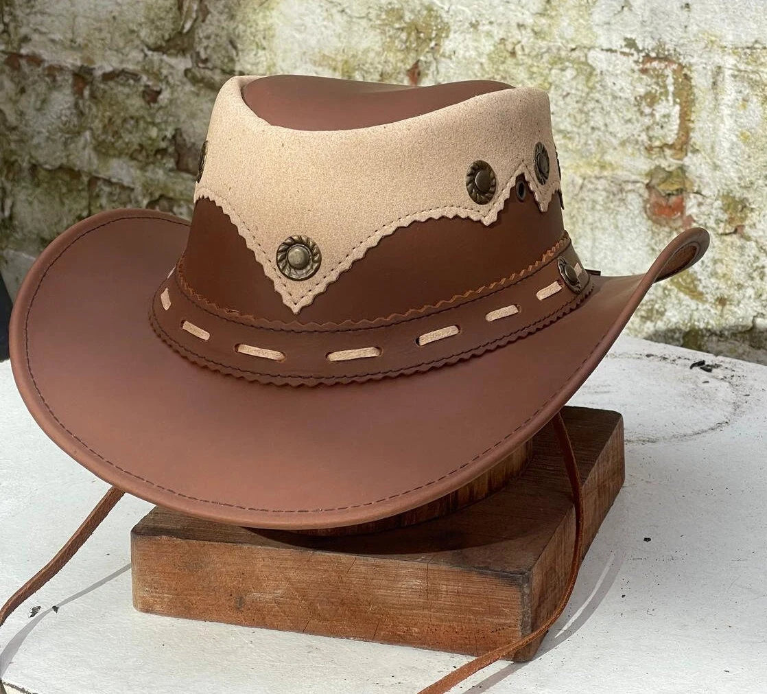 Australian Western Outback Two Toned Tan Vintage Leather Cowboy Bush Hat Handmade