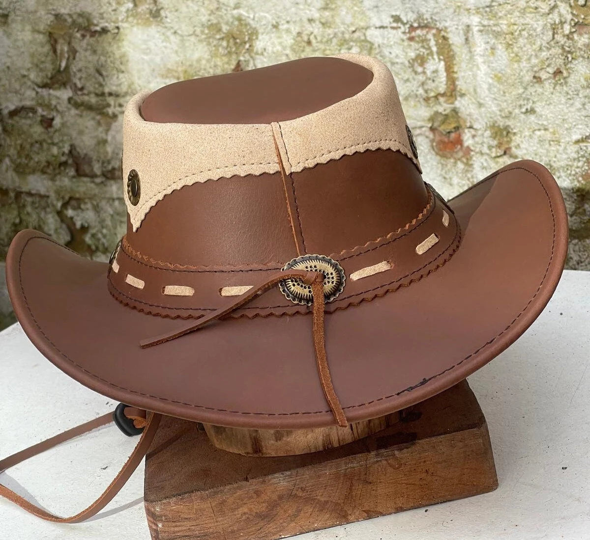 Australian Western Outback Two Toned Tan Vintage Leather Cowboy Bush Hat Handmade