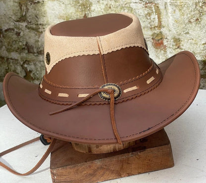 Australian Western Outback Two Toned Tan Vintage Leather Cowboy Bush Hat Handmade