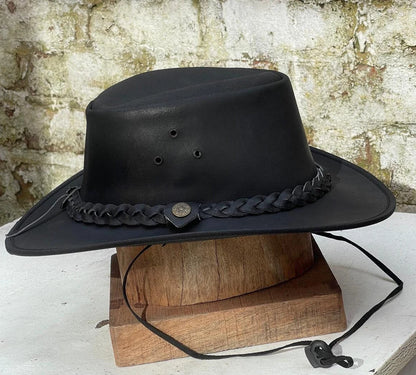 Men's Real Leather Cowboy Outback Hat Black Unisex Australian Western Style