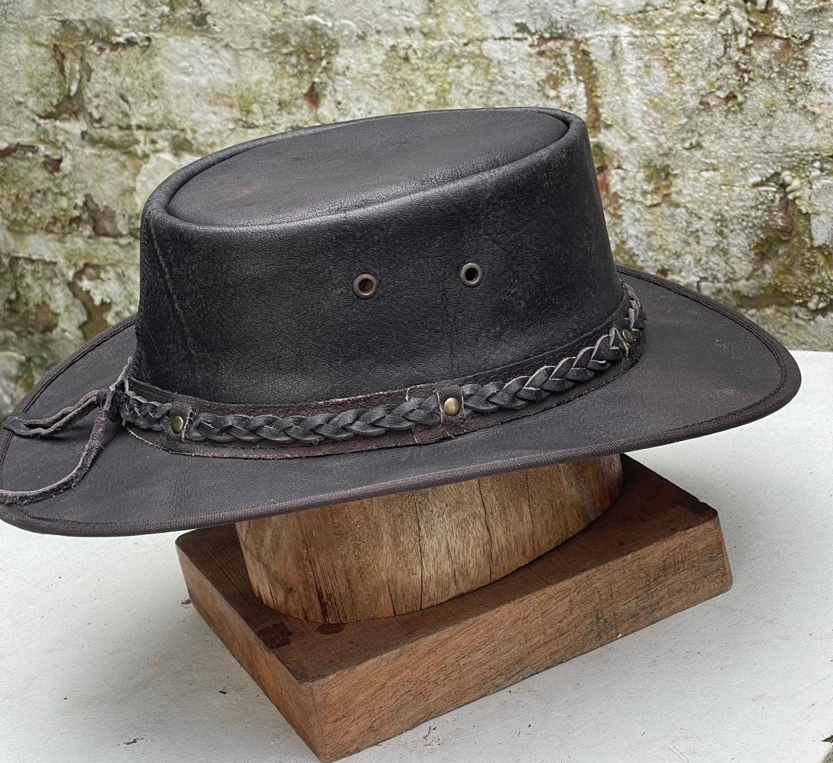 Australian Western Foldable Distressed Outback Cowboy Leather Style Bush Hat