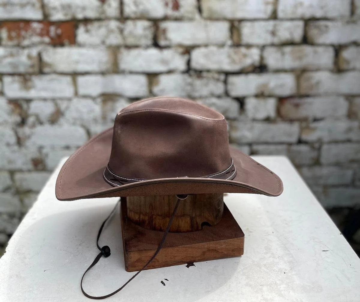 Australian Western Texan Outback Unisex Cowboy Brown Leather Hat With Wide Adjustable Brim