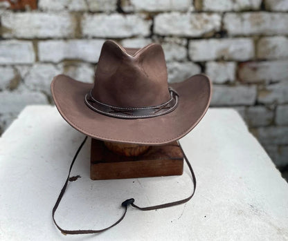 Australian Western Texan Outback Unisex Cowboy Brown Leather Hat With Wide Adjustable Brim