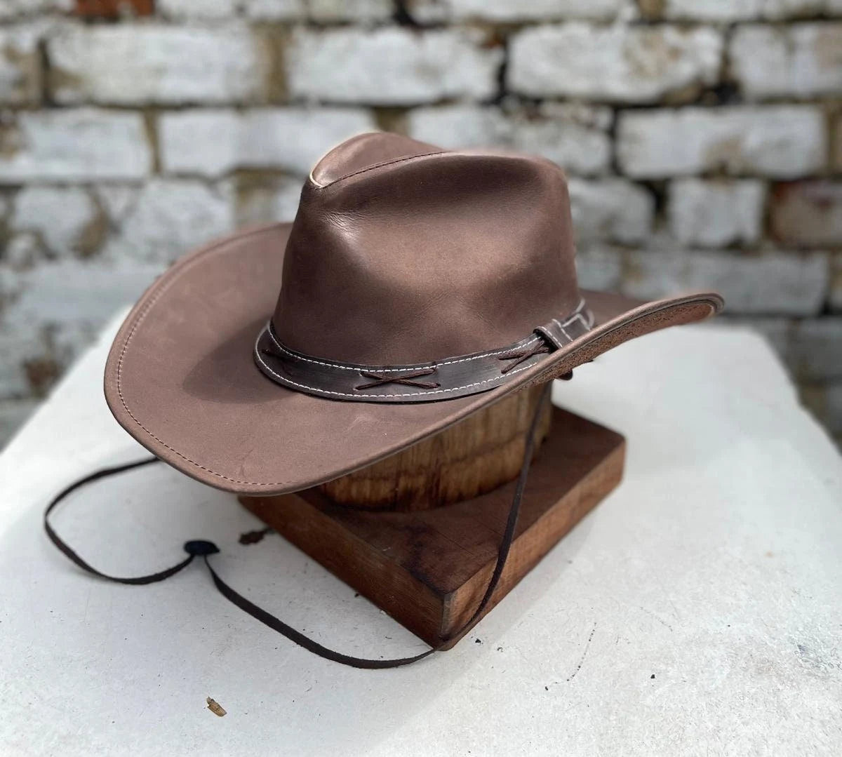 Australian Western Texan Outback Unisex Cowboy Brown Leather Hat With Wide Adjustable Brim