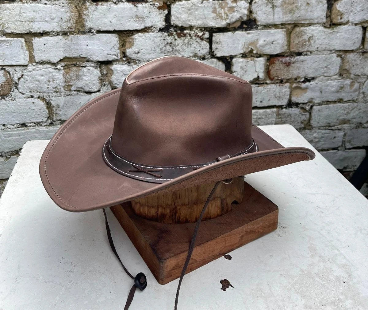 Australian Western Texan Outback Unisex Cowboy Brown Leather Hat With Wide Adjustable Brim