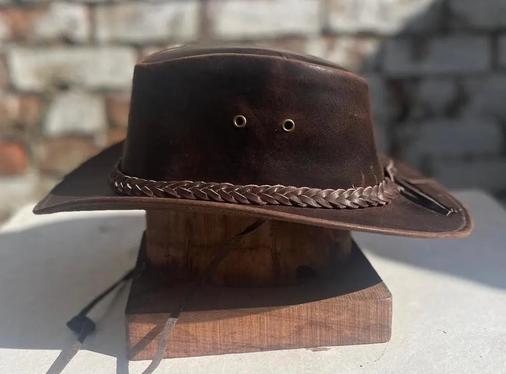 Australian Western Vintage Tan Brown Crazy Leather Antique Outback Bush Hat Unisex