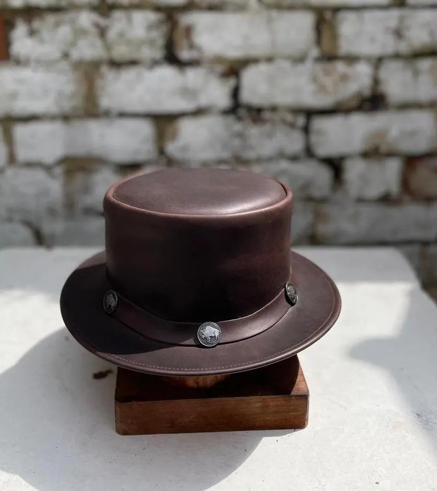 Men's Leather Retro Steam Punk Top Hat Fancy Dress Victorian Style Rocker Hat Brown