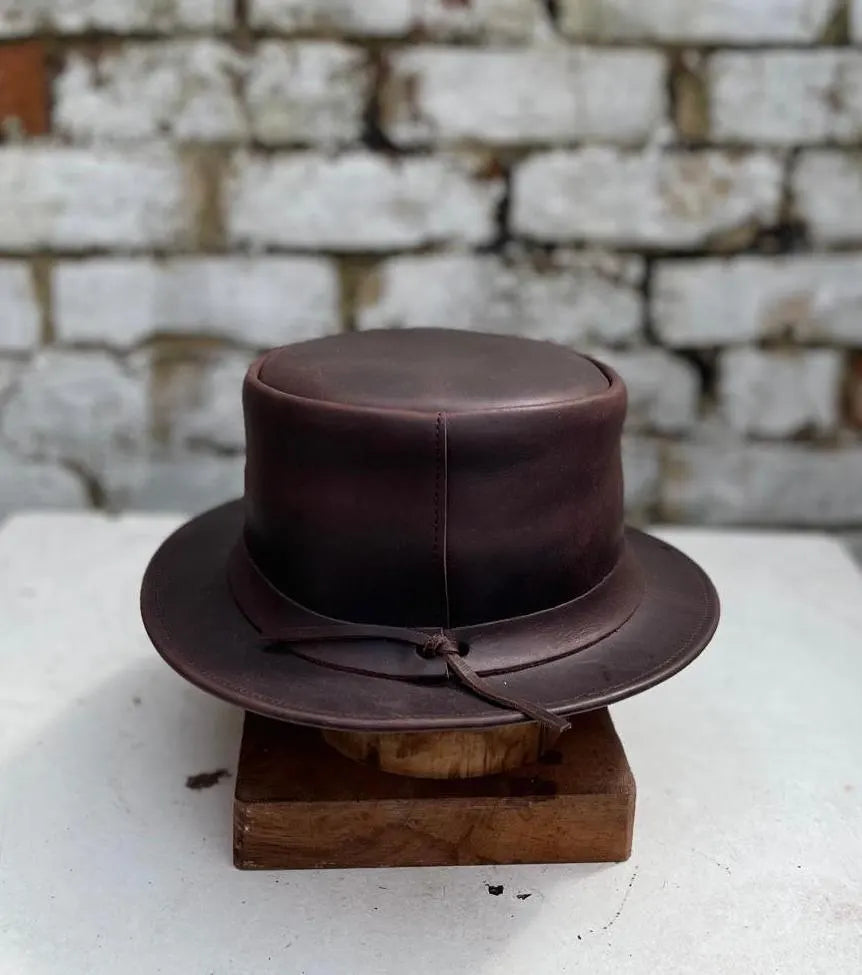 Men's Leather Retro Steam Punk Top Hat Fancy Dress Victorian Style Rocker Hat Brown