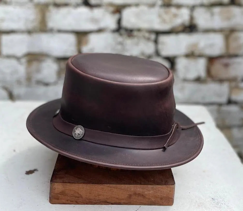 Men's Leather Retro Steam Punk Top Hat Fancy Dress Victorian Style Rocker Hat Brown